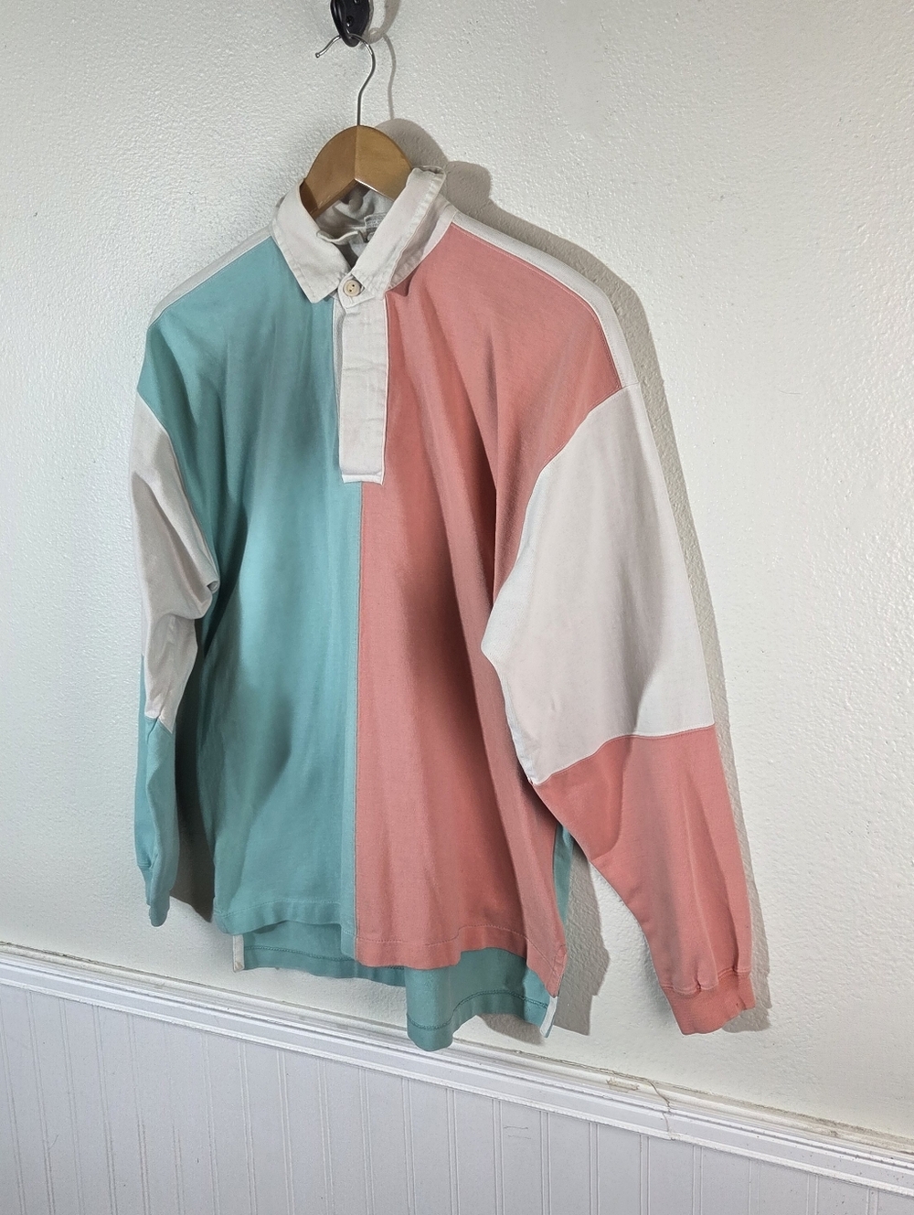 Vintage 90s Boundary Waters Colorblock Rugby Shirt Pullover Pastel Thick Cotton - Picture 2 of 16